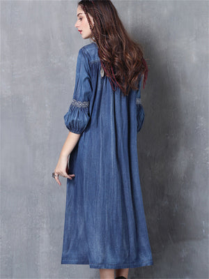 Vintage Embroidered A-Line Denim Dress