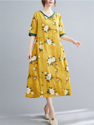 V Collar Gentle Floral Long Dresses For Lady