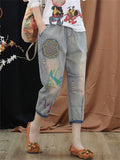 Elastic-waist Cropped Pants Embroidery Jeans