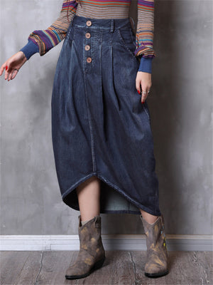 Retro Irregular Hem Denim Skirts With Pockets