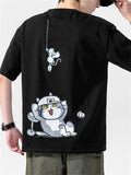 Japanese Cartoon Cat Short Sleeve Round Neck Shirts For Men