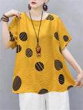 Round Neck Loose Linen Polka Dots Shirts