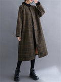 Women's Retro Plaid Crew Neck Single-Breated Faux Woolen Overcoat