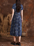 Lady Temperament Printed Lapel Metal Button Denim Dresses