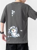 Japanese Cartoon Cat Short Sleeve Round Neck Shirts For Men