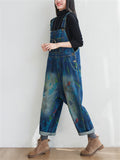 Retro Watercolor Pen Printed Denim Jumpsuits