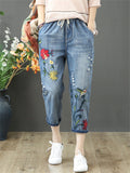 Casual Cropped Pants Elastic-waist Jeans