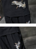 Stand Collar Cranes Embroidered Short Sleeve Sets