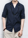 Men's V neck Cotton Linen Solid Color Shirts