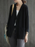 Solid Color V Neck Button Jackets For Lady