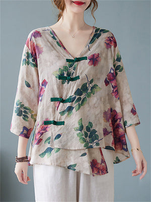 Female V-neck 3/4 Sleeve Asymmetrical Printed T-shirts