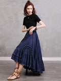 Irregular Plicated Retro Denim Long Skirt