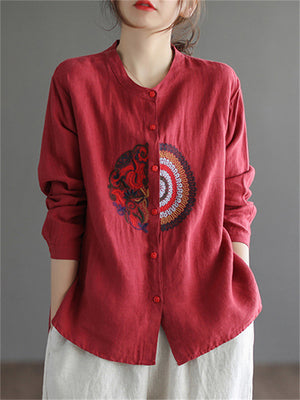Women's Autumn New Cotton Linen Embroidered Loose Pretty Shirts