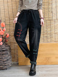 Retro Thick Embroidery Elastic-waist Jeans