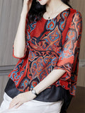 Round Neck Short Sleeve Printed Chiffon Shirts