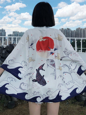 Women's Crane Carp Pattern Japanese Kimono Inspired Shirt Jacket