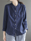 Retro Stand Collar Solid Color Shirts