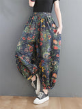 Retro Flowers Printed Bloomers Loose Jeans