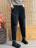 Retro Thick Embroidery Elastic-waist Jeans