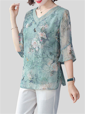 V-neck Floral Loose Chiffon Shirts