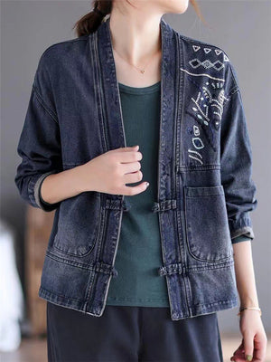 Women's Retro Embroidered Long Sleeve Short Denim Jacket