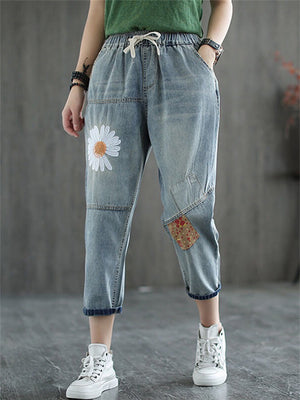 Elastic-waist Cropped Pants Embroidery Jeans