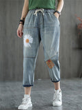 Elastic-waist Cropped Pants Embroidery Jeans