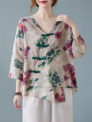 Female V-neck 3/4 Sleeve Asymmetrical Printed T-shirts