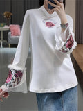 Lady Floral Embroidery Patchwork Flared Sleeve Shirt