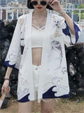 Women's Crane Carp Pattern Japanese Kimono Inspired Shirt Jacket