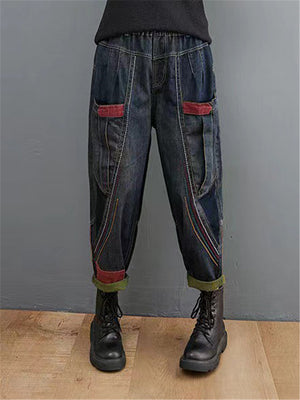 Women's Retro Patchwork Design Harem Denim Pants