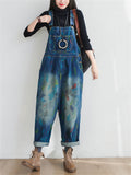 Retro Watercolor Pen Printed Denim Jumpsuits