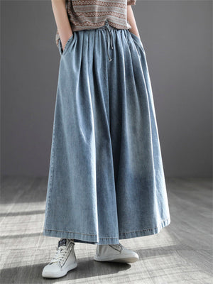 Retro Popular Women's Drawstring Blue Wide Leg Jeans