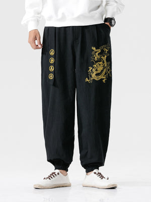 Embroidery Dragon Cotton Linen Harem Pants