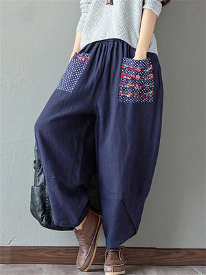 Ethnic Style Splice Cotton Linen Pants