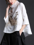 Stand Collar Loose Embroidery Chiffon Shirts