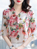 Comfy Floral Printed Lace-up Chiffon Shirts