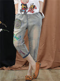 Elastic-waist Cropped Pants Embroidery Jeans