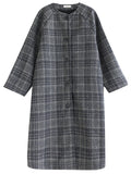 Women's Retro Plaid Crew Neck Single-Breated Faux Woolen Overcoat