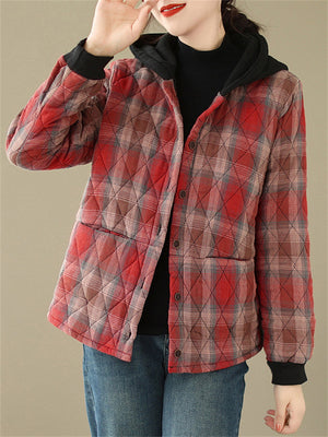 Women's Trendy Plaid Button Hooded Cotton Coat