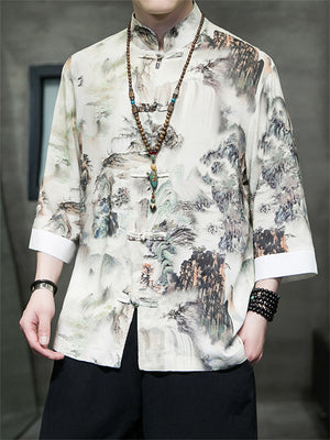 Men's Comfort Smooth 3/4 Sleeve Landscape Painting Print Shirts