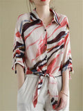 Retro Comfy Contrast Color Lapel 3/4 Sleeve Shirts