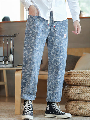 Loose Elastic-waist Printed Jeans