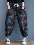 Drawstring Elastic Waist Floral Printed Jeans