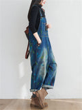 Retro Watercolor Pen Printed Denim Jumpsuits