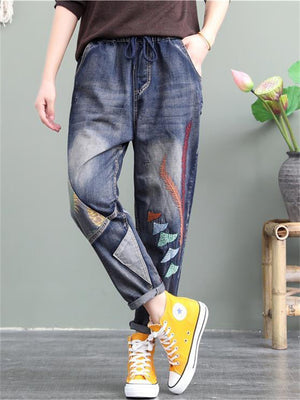 Fashion Printed Splice High-waist Jeans