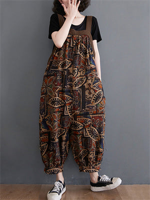 Women's Vintage Printed Spring Summer Linen Bloomers Jumpsuits