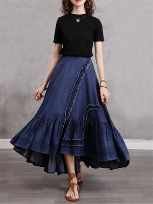 Irregular Plicated Retro Denim Long Skirt