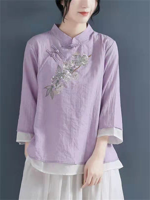 Women's Cotton Linen Stand Collar Shirts