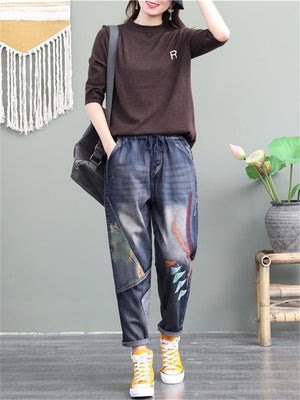 Fashion Printed Splice High-waist Jeans